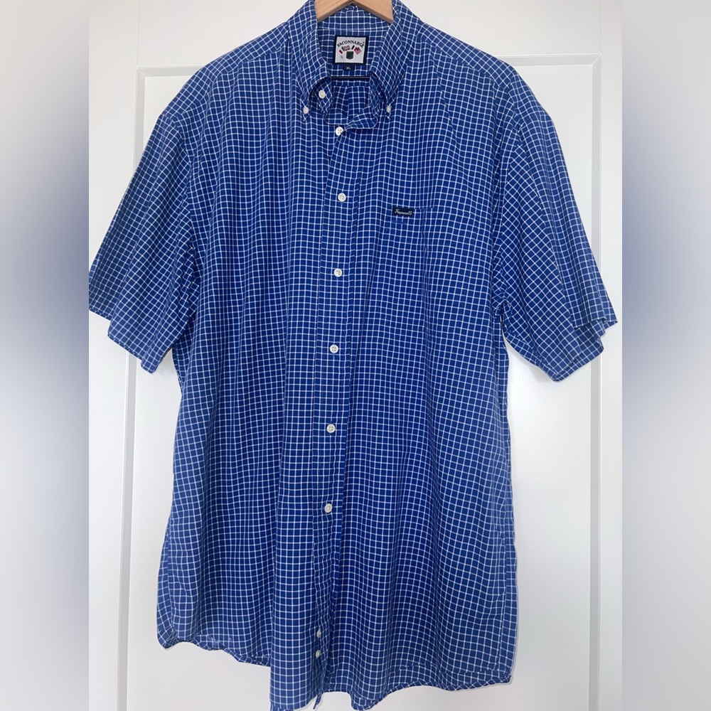 FAÇONNABLE blue and white window pane plaid short sleeve men’s Oxford, size XL